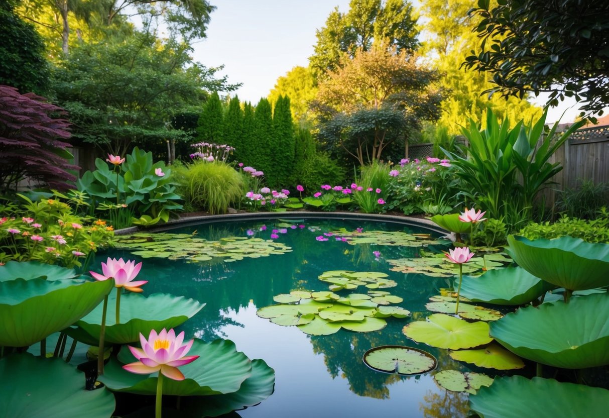 A serene backyard pond surrounded by lush lotus blooms and vibrant greenery, creating a peaceful paradise