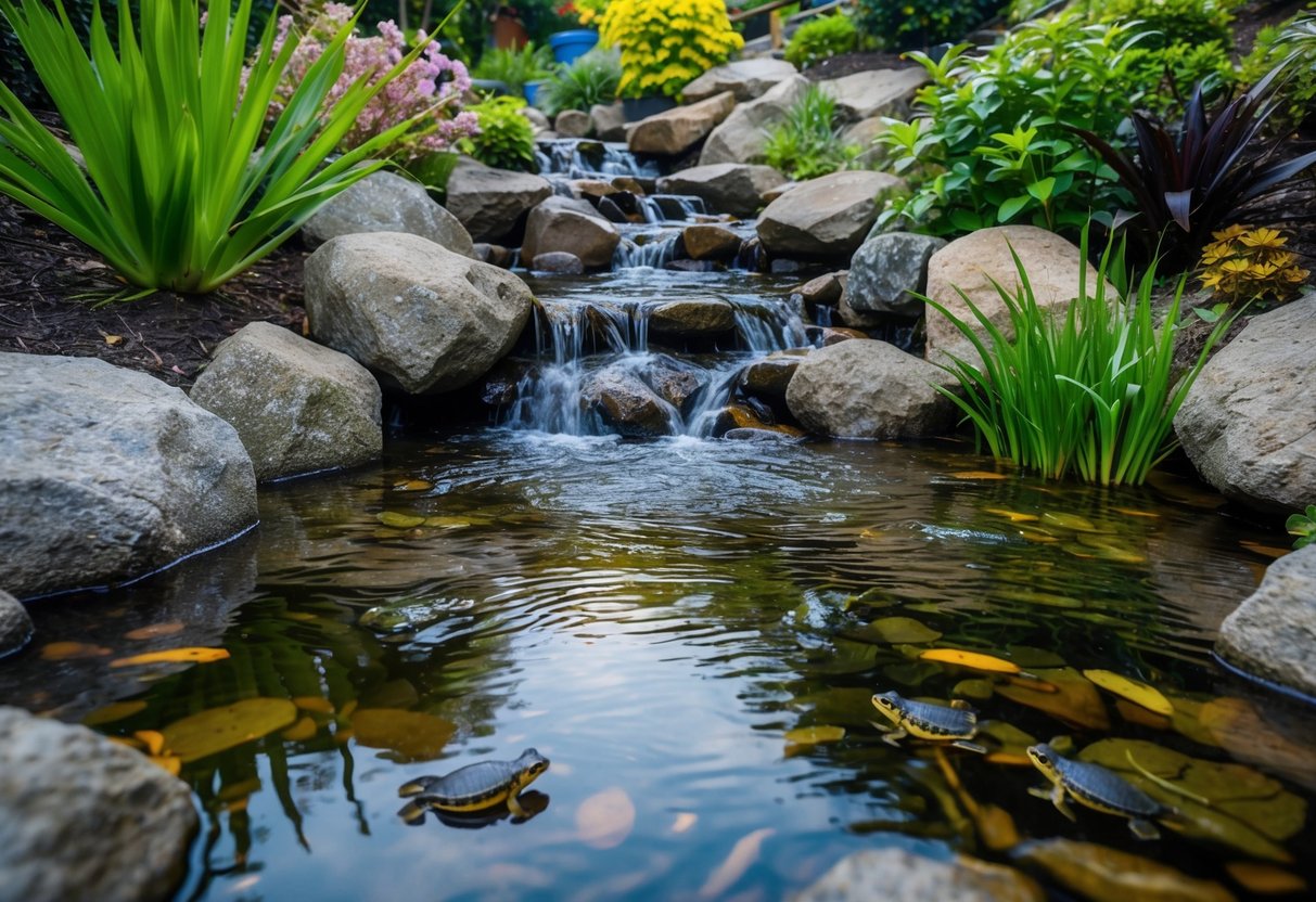 A rocky stream flows through a backyard pond, teeming with various creatures such as fish, frogs, and turtles. Surrounding the stream are lush plants and rocks, creating a serene and natural environment