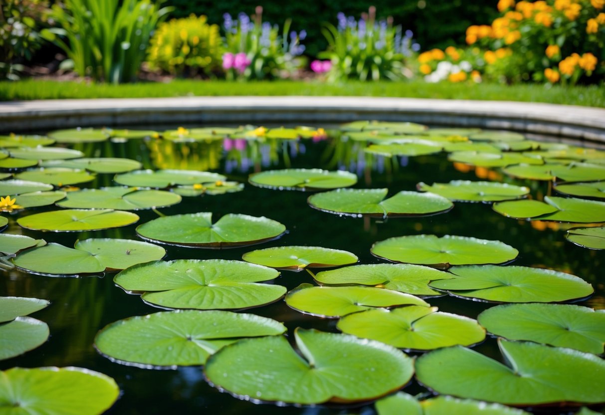 Vibrant lily pads cover a tranquil backyard pond, surrounded by lush greenery and blooming flowers