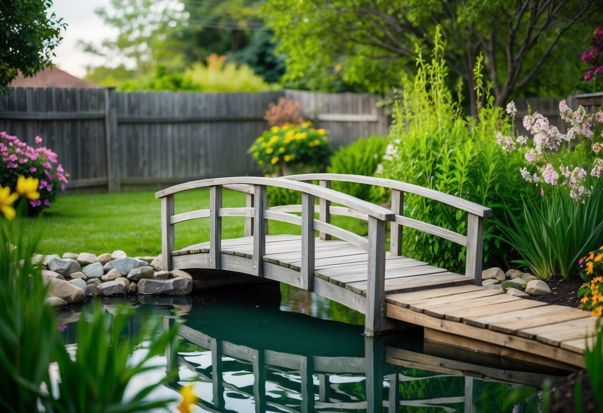 A rustic wooden bridge spans over a tranquil backyard pond, surrounded by lush greenery and blooming flowers