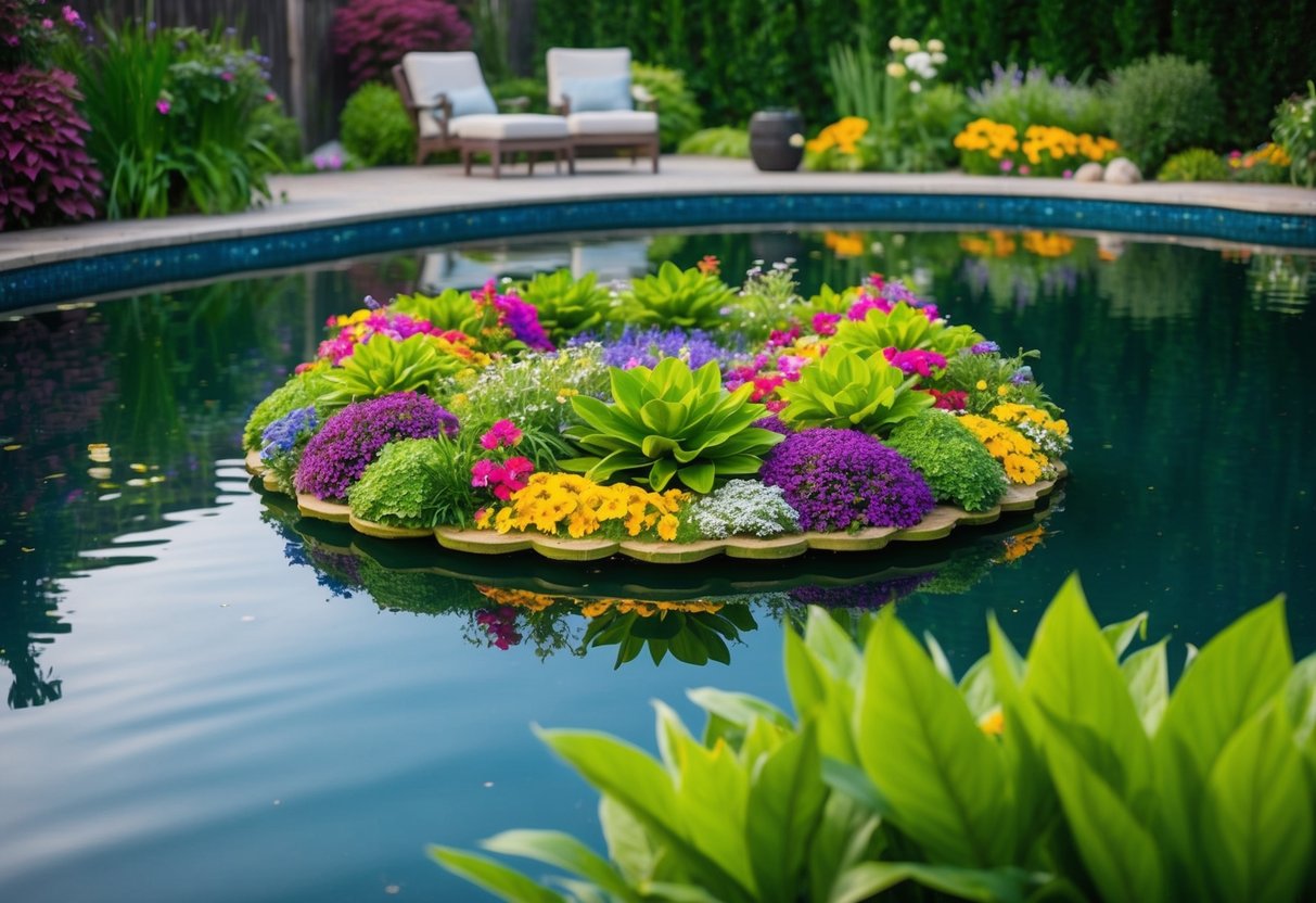 A lush, colorful floating island of vibrant flowers and greenery, surrounded by a tranquil backyard pond