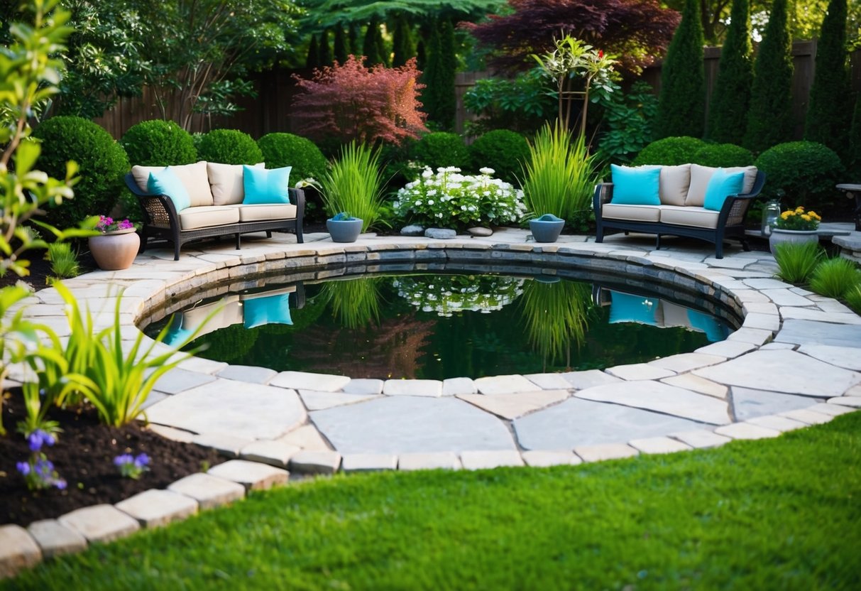 A serene pond surrounded by stone seating, nestled in a peaceful backyard garden