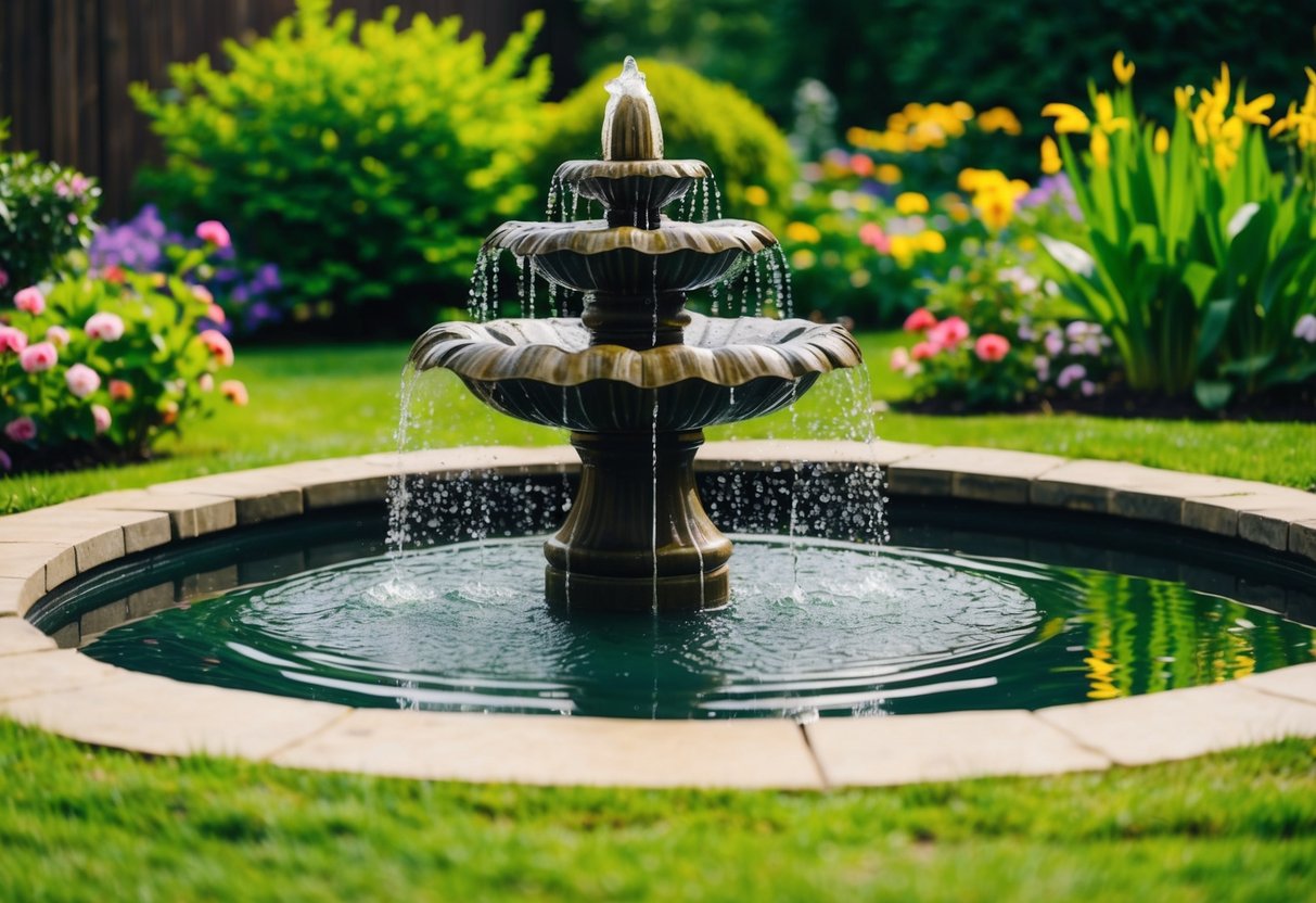 A tranquil backyard pond with a natural water fountain surrounded by lush greenery and colorful flowers