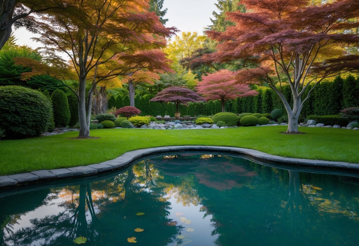 A tranquil backyard pond surrounded by Japanese maple trees, creating a serene and peaceful atmosphere