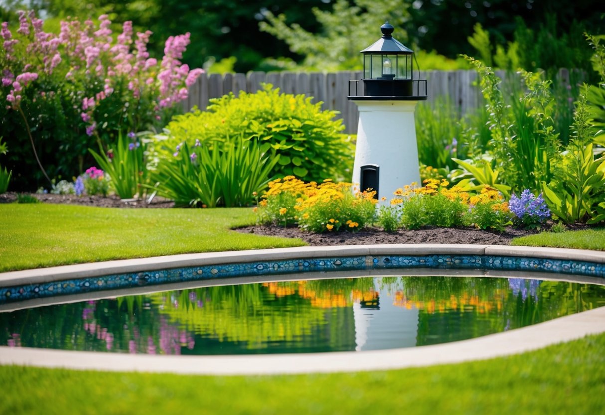 A small lighthouse sits beside a tranquil backyard pond, surrounded by lush greenery and colorful flowers