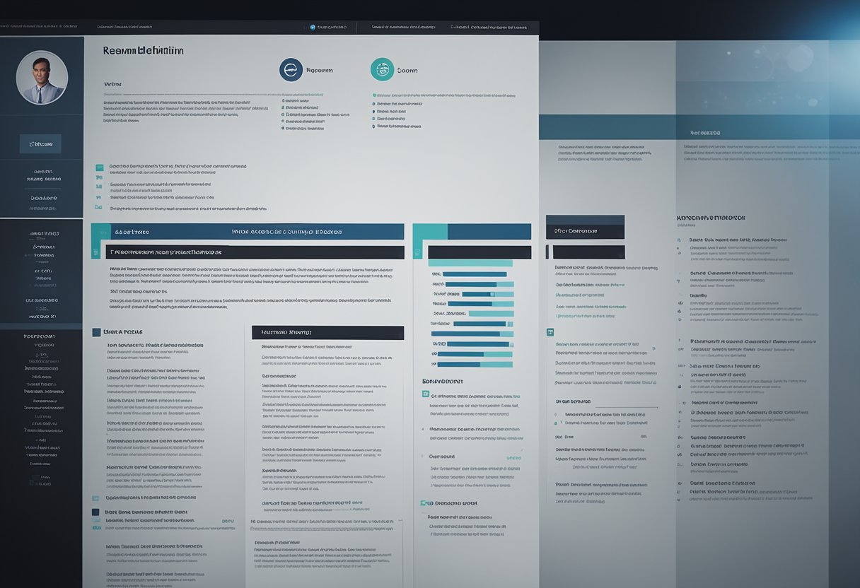 A computer screen displaying a resume with clear headings, bullet points, and keywords highlighted, while an AI algorithm scans and processes the information