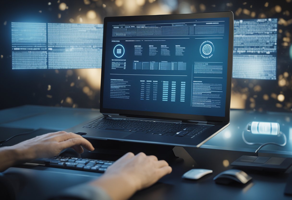 A computer screen displaying a resume being scanned by an AI system, with error messages and warning signs popping up