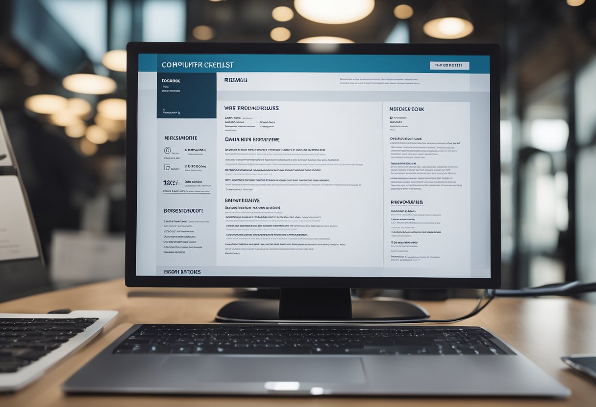 A computer screen displaying a resume being edited with a checklist of ATS-friendly features
