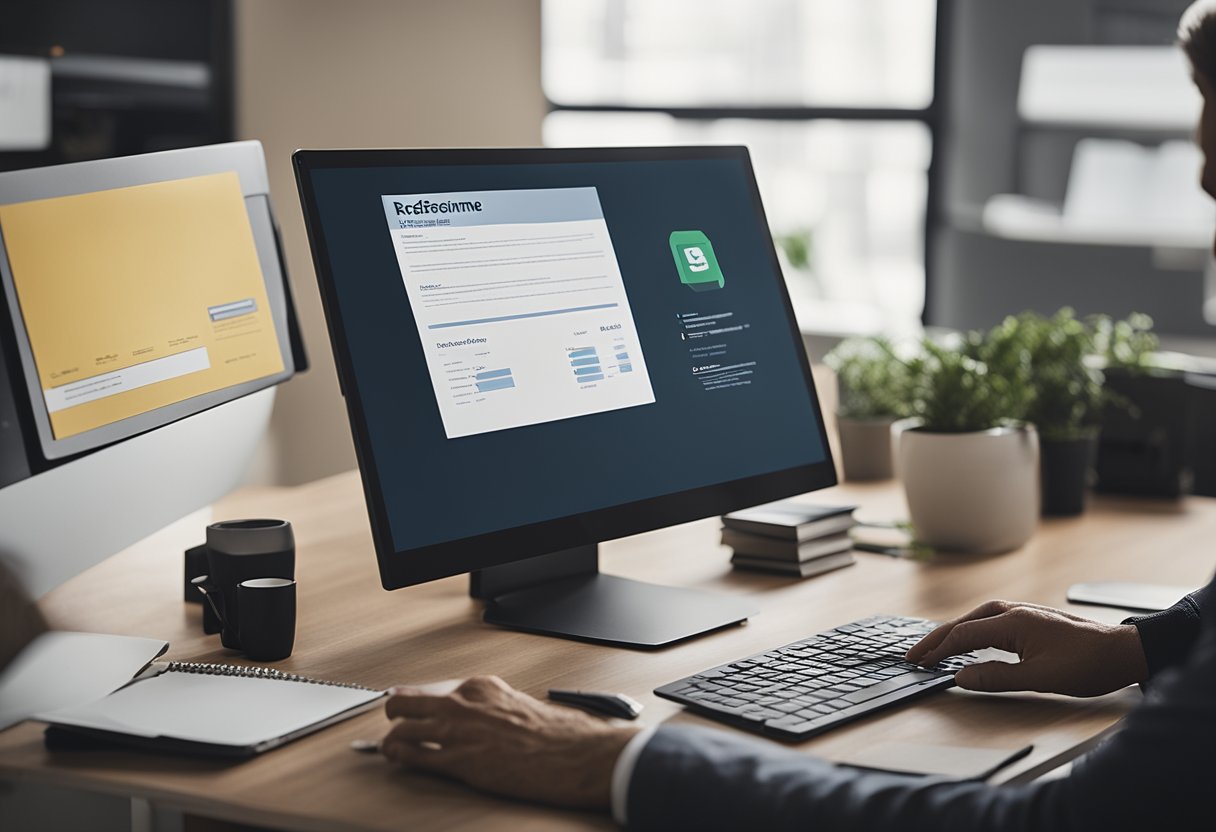 A desk with a computer screen displaying an ATS-friendly resume, while a recruiter reviews resumes and makes notes on a clipboard