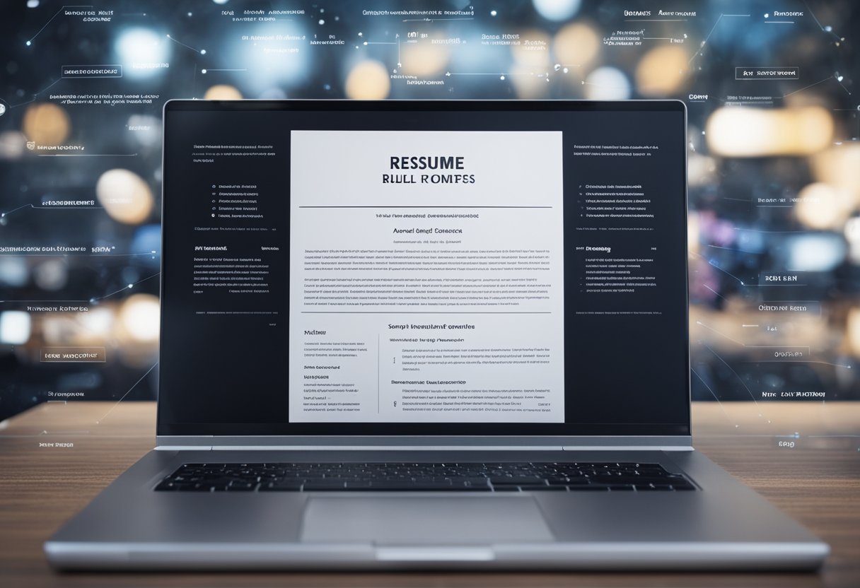 A computer screen displaying a resume with bullet points, keywords, and clear formatting. An AI algorithm is shown scanning and highlighting relevant information