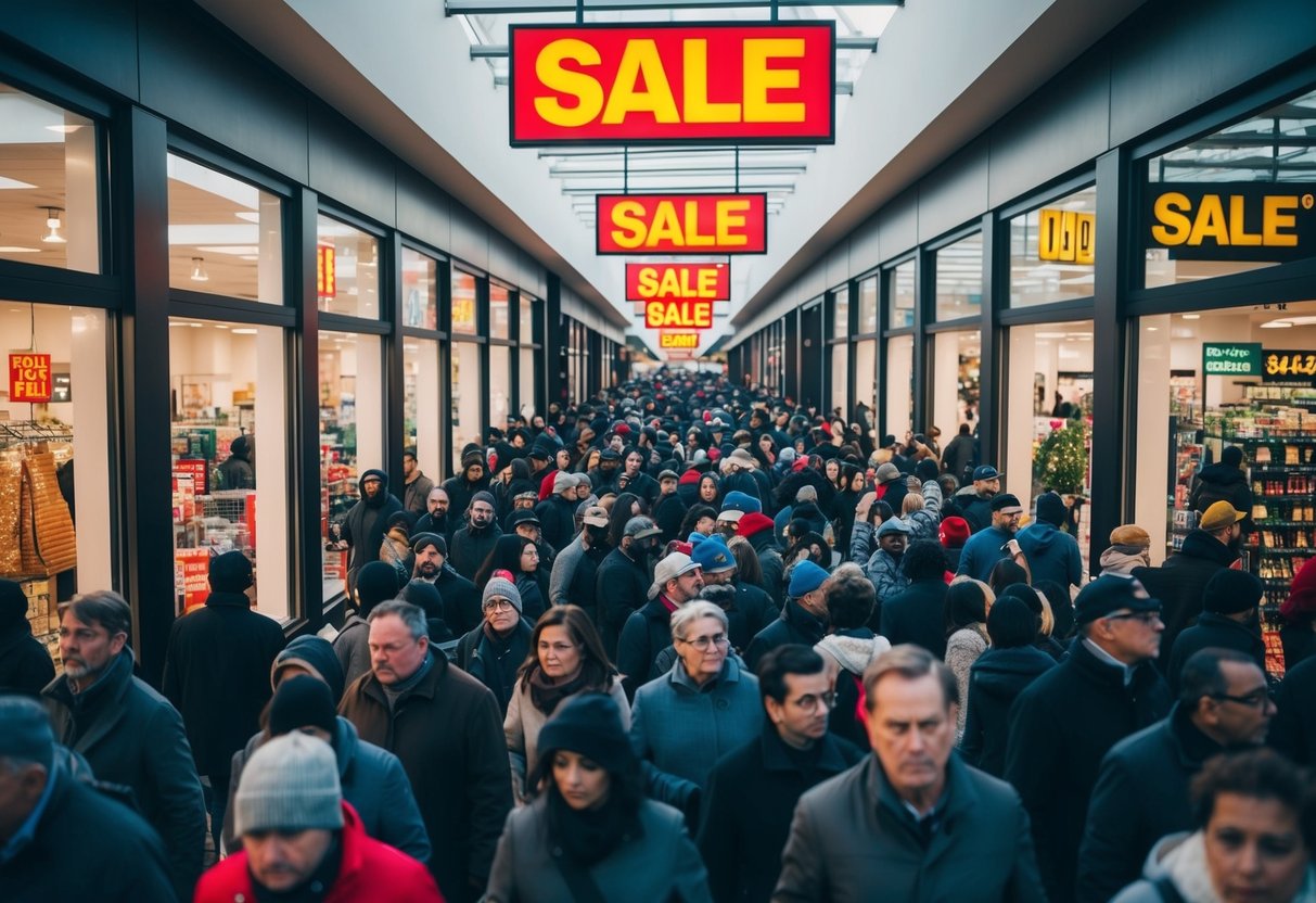 Crowds flood into a shopping center, eager for Black Friday deals. Store windows display discounted items. Bright sale signs hang above the bustling aisles