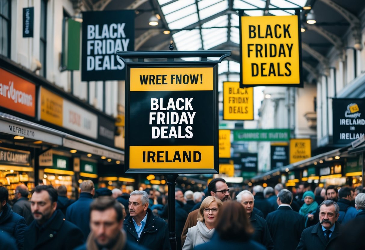 A crowded marketplace with various signs and banners advertising Black Friday deals in Ireland