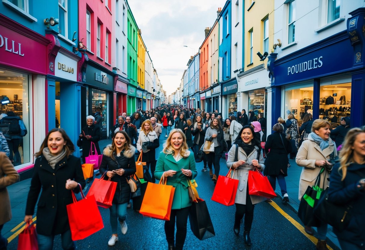 A bustling street lined with colorful storefronts, filled with excited shoppers carrying bags and searching for the best Black Friday deals in Ireland