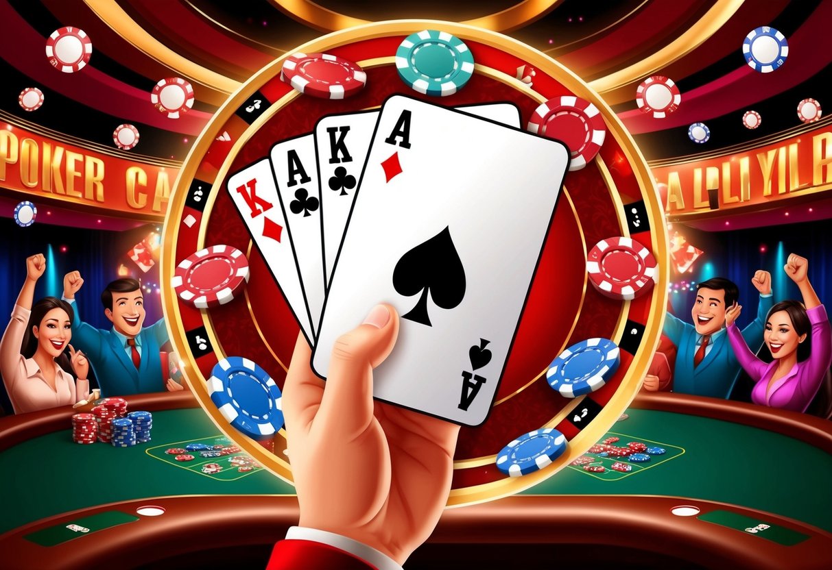 Sebuah tangan poker royal flush dikelilingi oleh suasana kasino yang hidup dan menarik dengan penonton yang bersorak dan dekorasi yang berwarna-warni