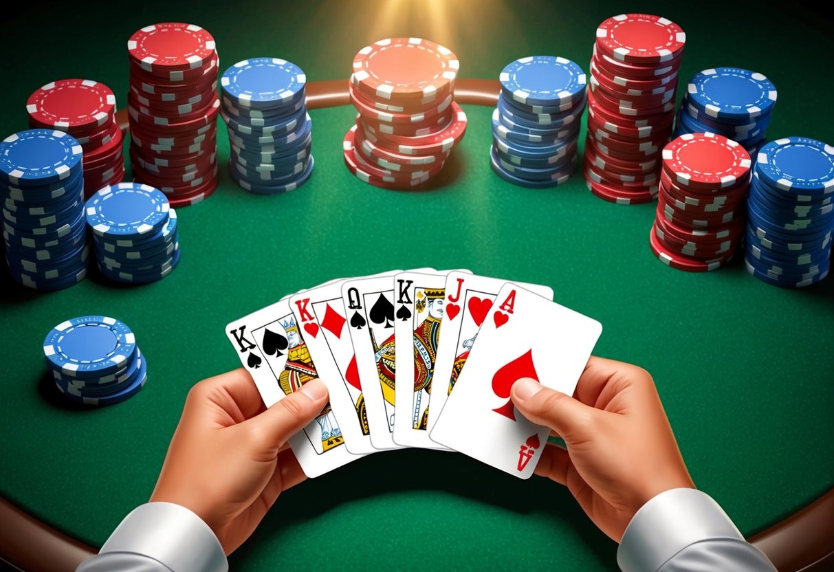 Sebuah tangan royal flush dari kartu poker yang diletakkan di atas meja felt hijau dengan tumpukan chip poker dan suasana yang triumphant