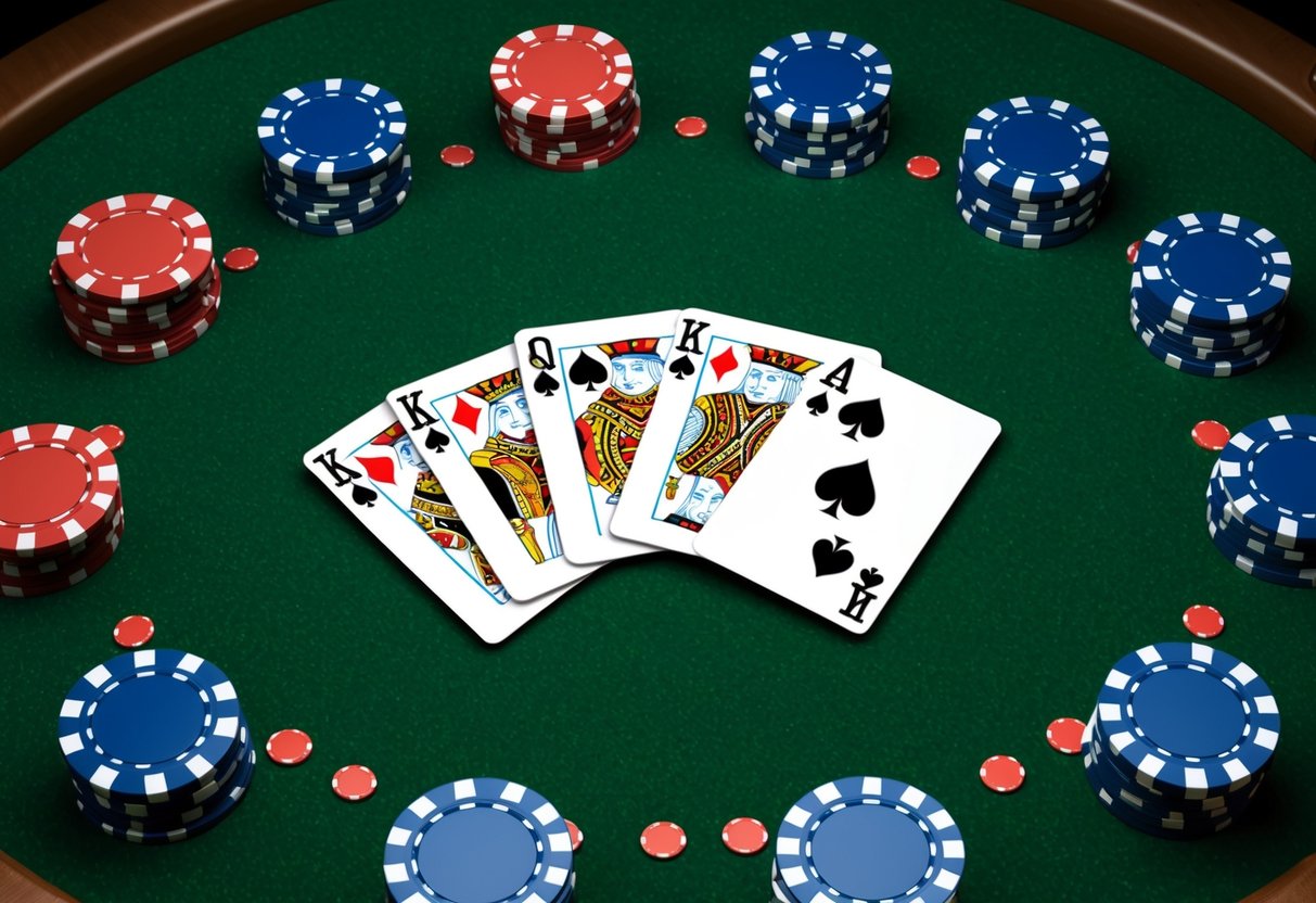 Sebuah tangan royal flush kartu poker yang disusun rapi di atas meja felt hijau dengan chip poker tersebar di sekitarnya