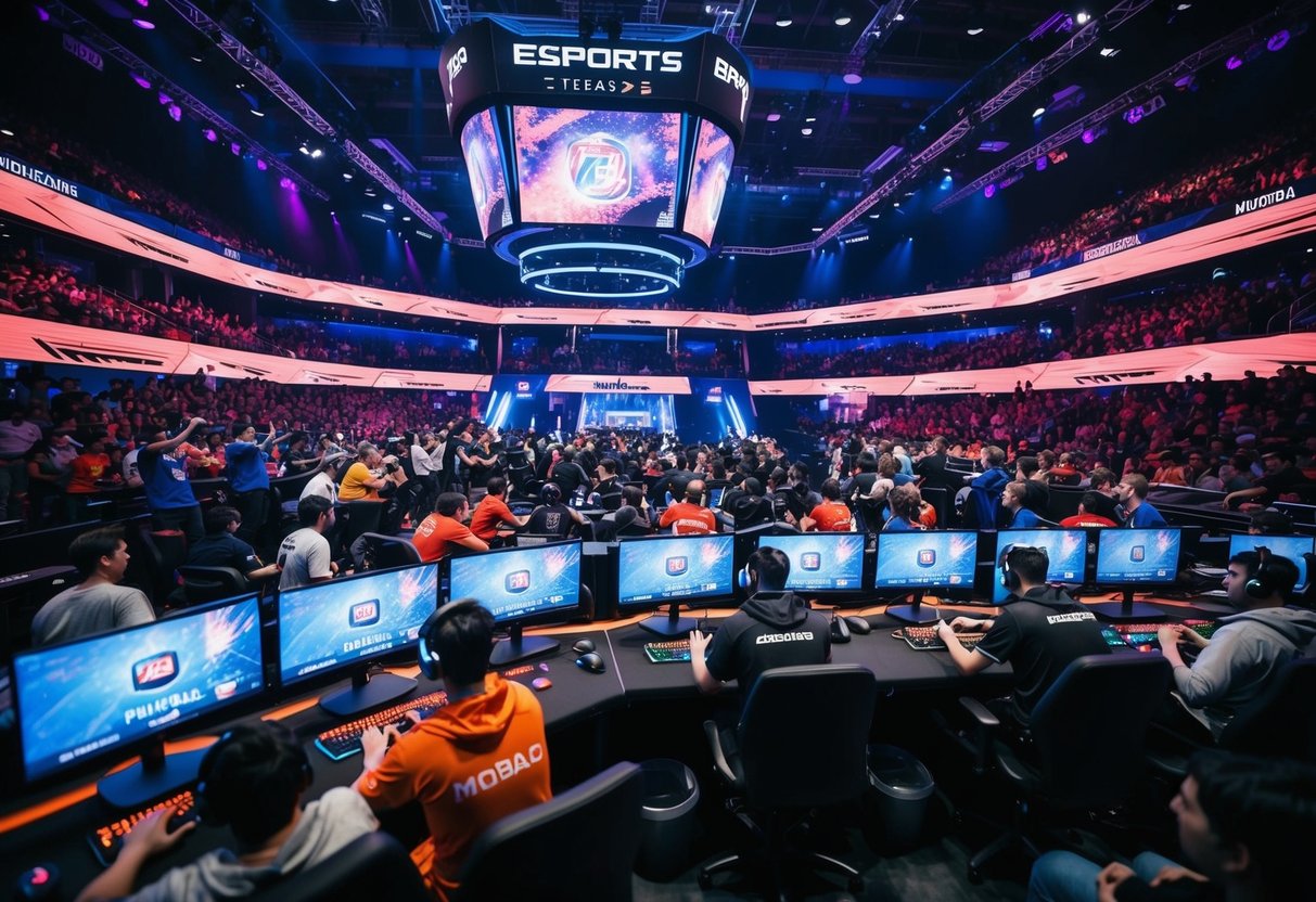 Sebuah arena esports yang ramai dengan pemain yang berkompetisi dalam turnamen MOBA, dikelilingi oleh penggemar yang antusias dan tampilan digital yang cerah