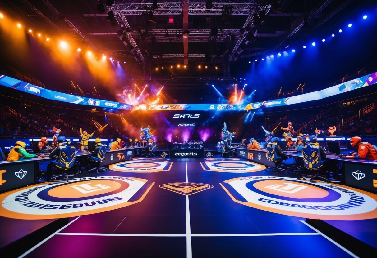 Sebuah arena esports yang hidup dengan pertempuran dinamis antara tim karakter berwarna-warni