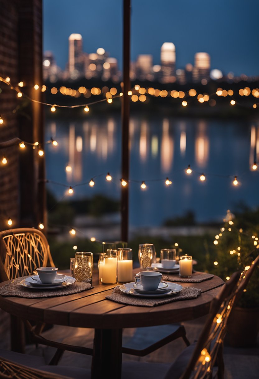 A cozy outdoor table set for two with string lights, a view of the Waco skyline, and a warm, romantic atmosphere