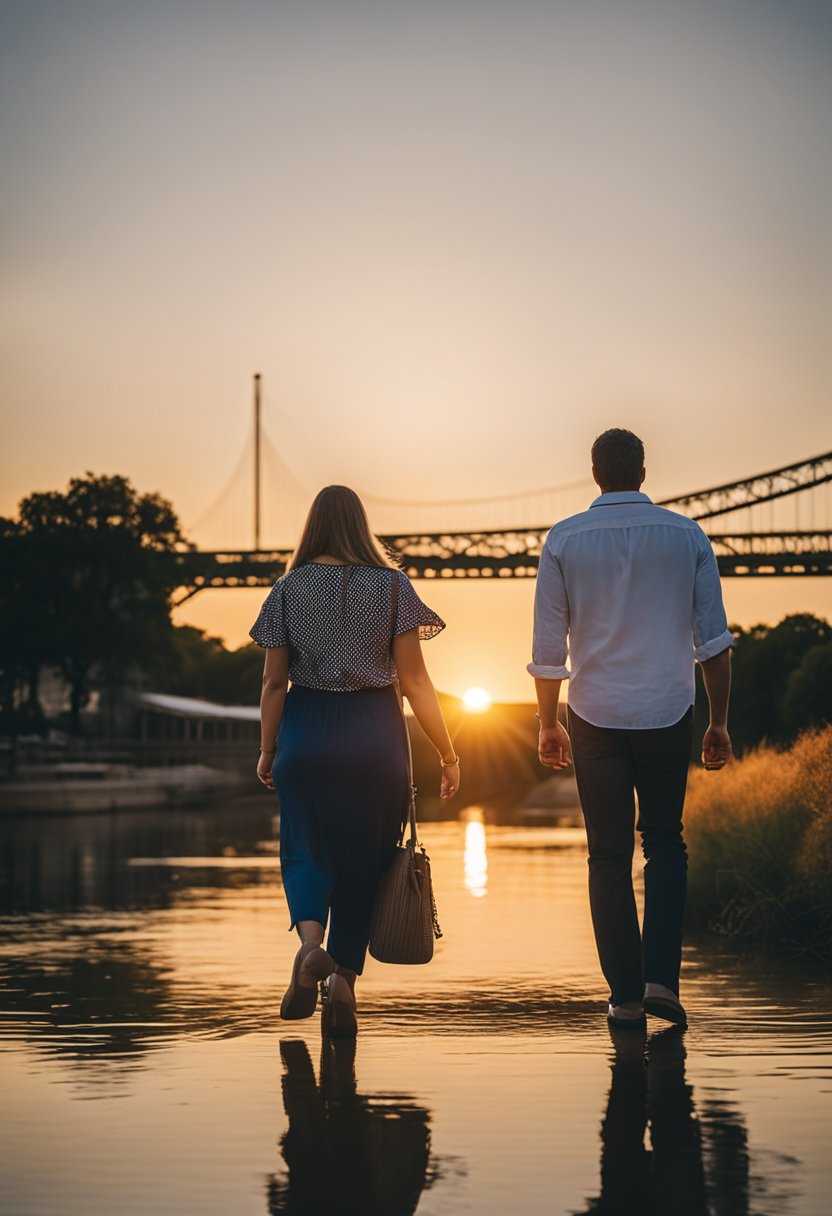 A couple strolling along the Brazos River, with the sun setting behind the iconic Waco Suspension Bridge