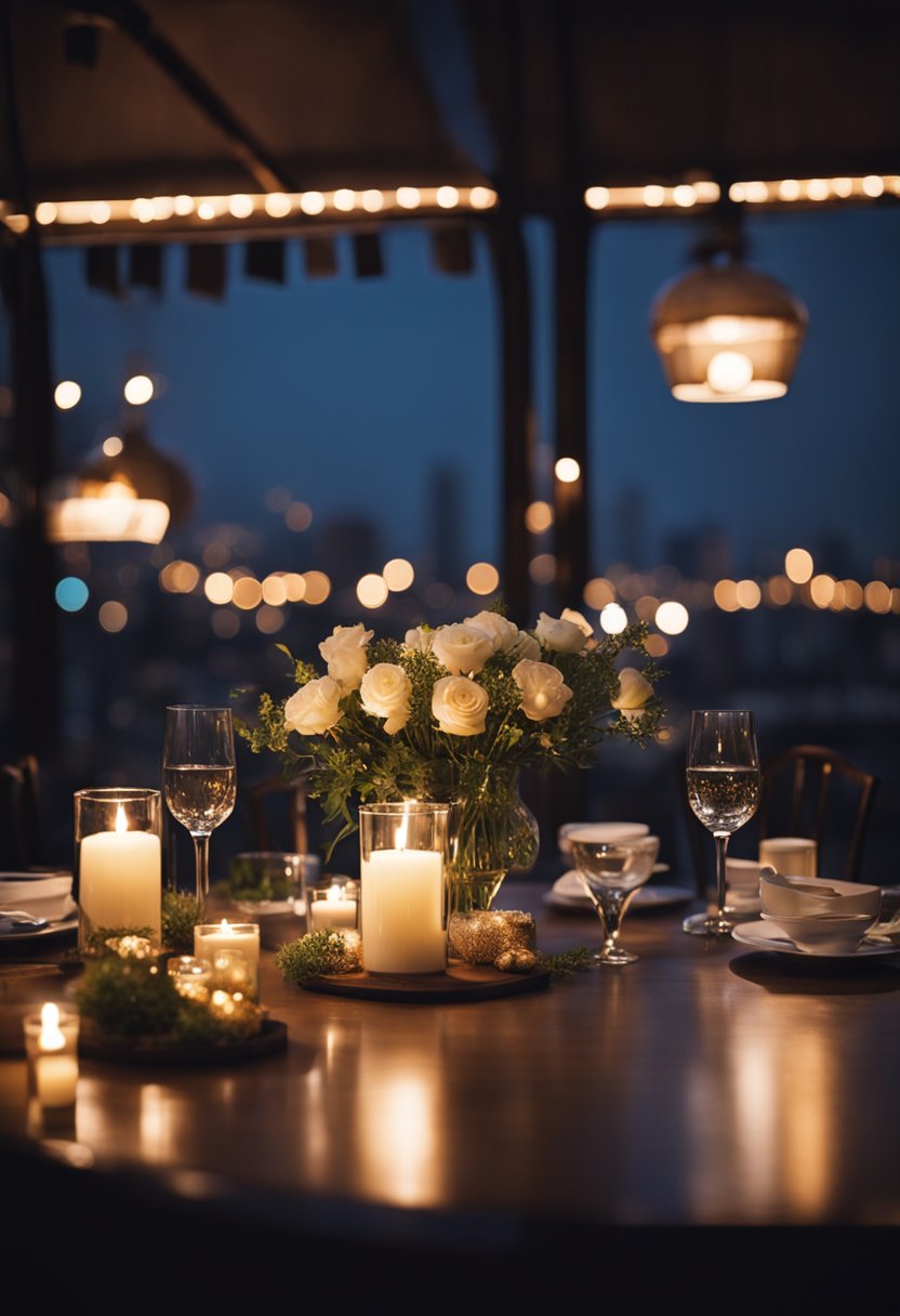 A cozy table for two set with candles and flowers in a charming Waco restaurant, with a view of the city lights