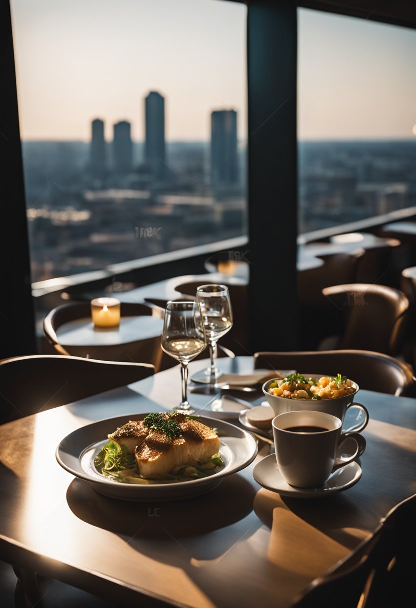 A cozy table set for two in a dimly lit restaurant, with a view of the Waco skyline through large windows