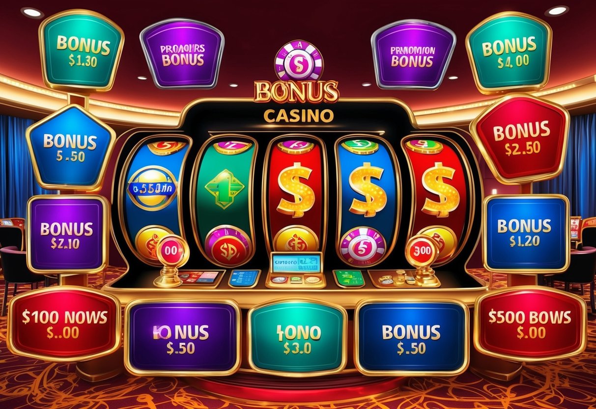 Un casino coloré avec divers symboles de bonus et promotions affichés