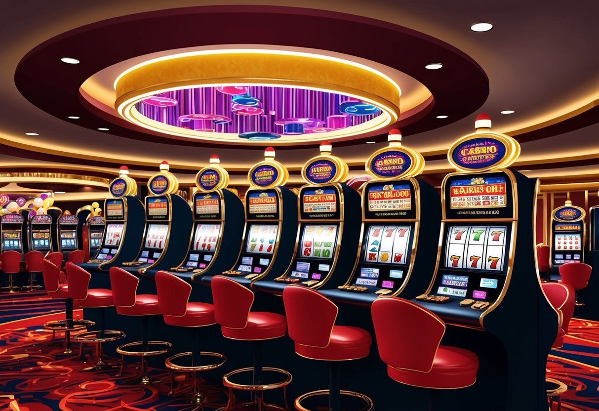 Un casino coloré avec des machines à sous tournantes et des bannières promotionnelles