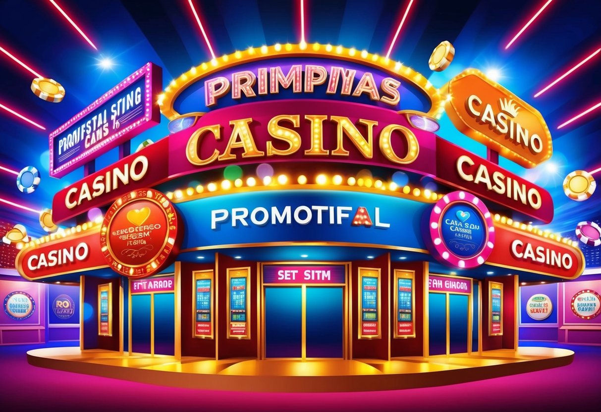 Un casino coloré avec divers panneaux promotionnels et symboles, entouré de lumières clignotantes et d'une atmosphère animée