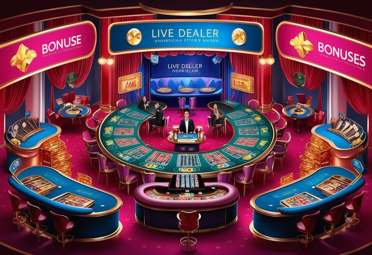 Un cadre de casino dynamique avec des jeux de croupiers en direct et des expériences immersives, entouré de diverses bannières promotionnelles et de bonus.