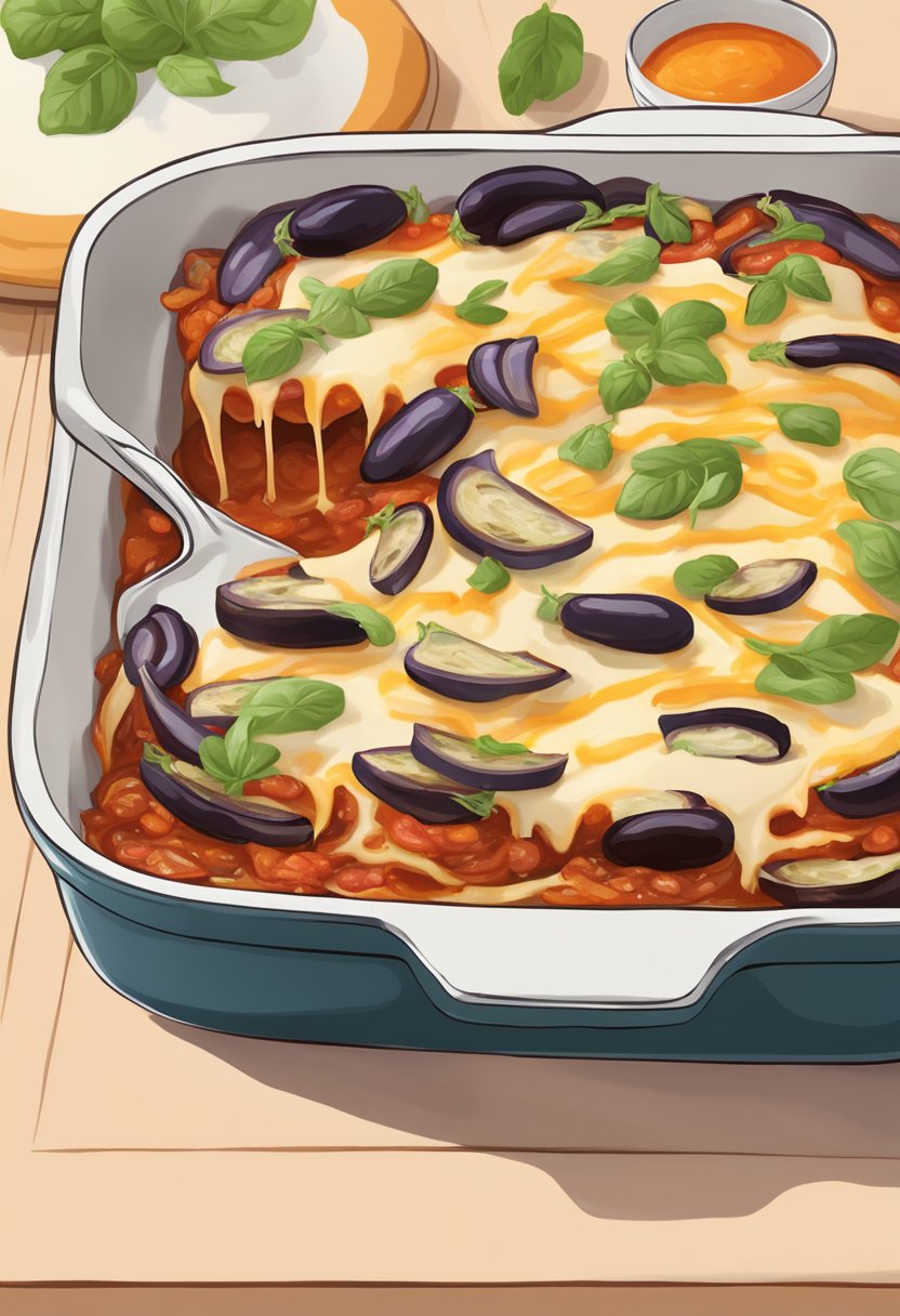 A baking dish filled with layers of sliced eggplant, marinara sauce, and melted cheese