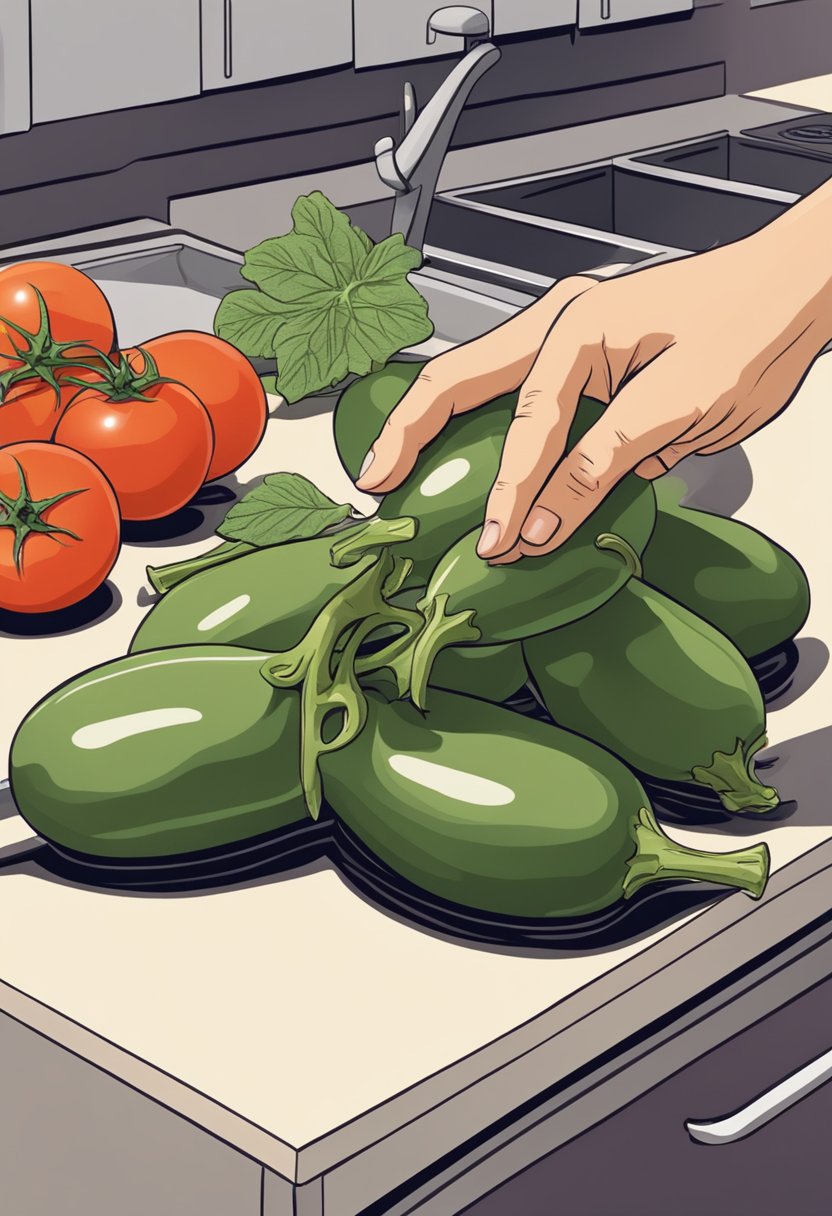 A hand reaching for a fresh eggplant, tomatoes, and cheese on a kitchen counter