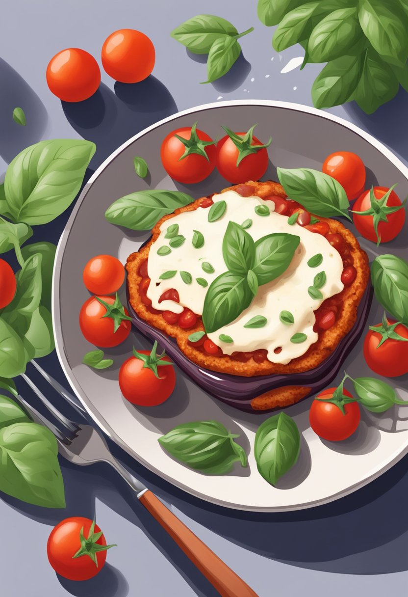 A plate of keto eggplant parmesan surrounded by fresh basil leaves and cherry tomatoes, with a fork resting on the side