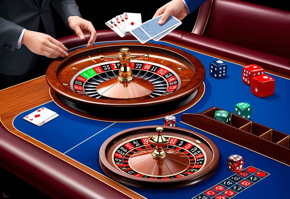 Une roue de roulette qui tourne, des cartes qui sont mélangées et des dés qui roulent sur une table de casino