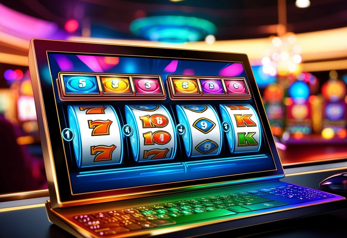 Un écran de jeu de casino coloré avec des rouleaux en rotation et des lumières clignotantes, mettant en avant le concept de génération de nombres aléatoires (RNG) dans les casinos en ligne.