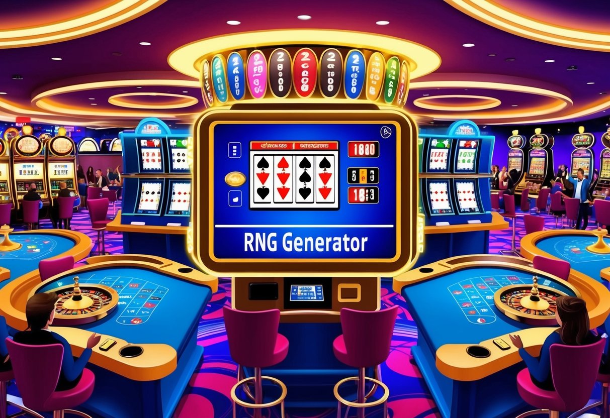 Un sol de casino coloré avec divers jeux comme la roulette, les machines à sous et les tables de cartes. Un générateur RNG numérique est affiché en évidence, entouré de lumières clignotantes et de joueurs excités.