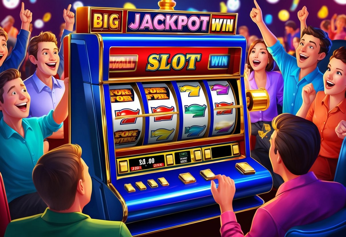 Une machine à sous de casino colorée avec des rouleaux tournants et des lumières clignotantes, entourée de joueurs excités espérant gagner un gros jackpot.