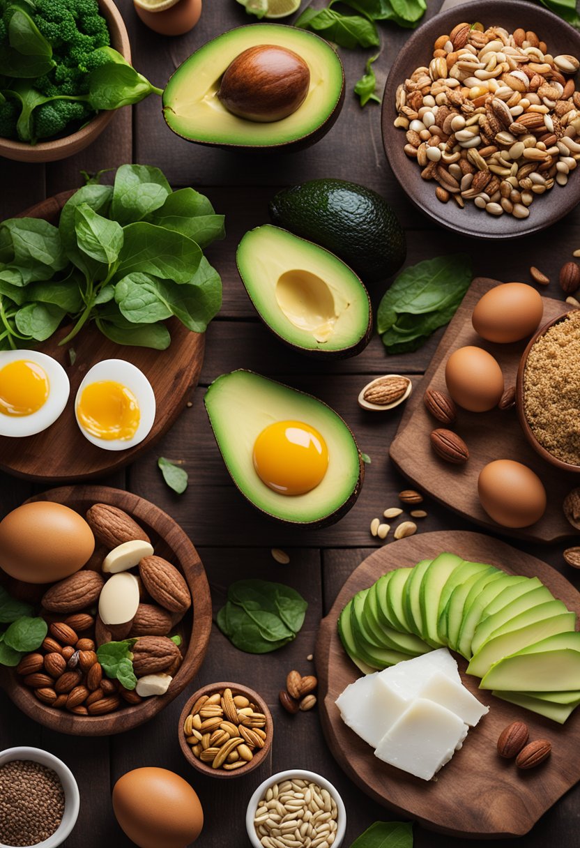 A variety of keto-friendly foods arranged on a wooden table, including avocados, leafy greens, nuts, seeds, eggs, and lean meats