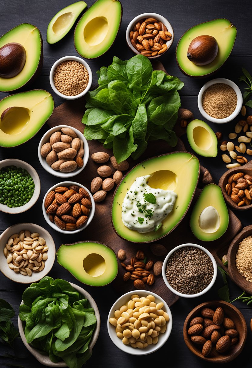 A colorful array of keto-friendly foods arranged on a wooden table, including avocados, leafy greens, nuts, seeds, and lean meats