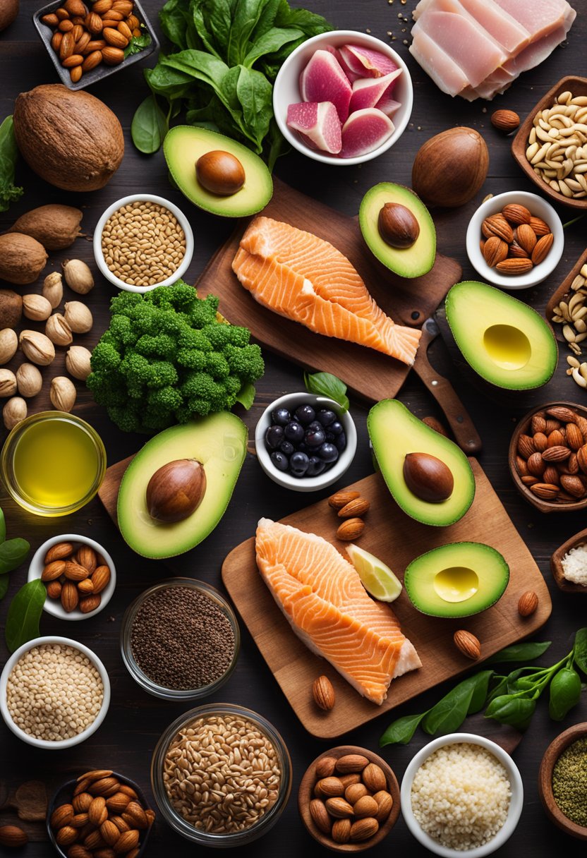 A variety of keto-friendly food groups arranged on a wooden table: lean meats, fish, low-carb vegetables, nuts, seeds, and healthy fats like avocados and olive oil