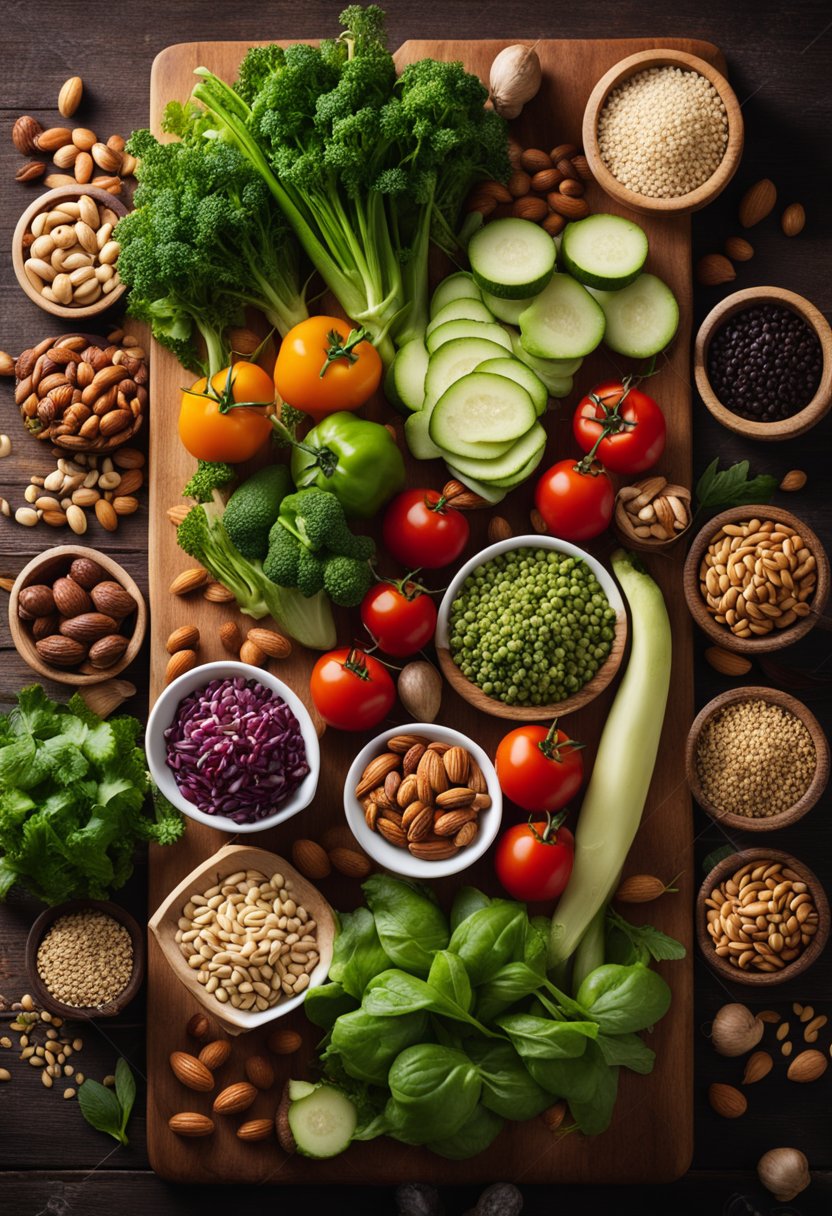 A colorful array of fresh vegetables and herbs arranged around a variety of nuts, seeds, and lean proteins on a wooden cutting board