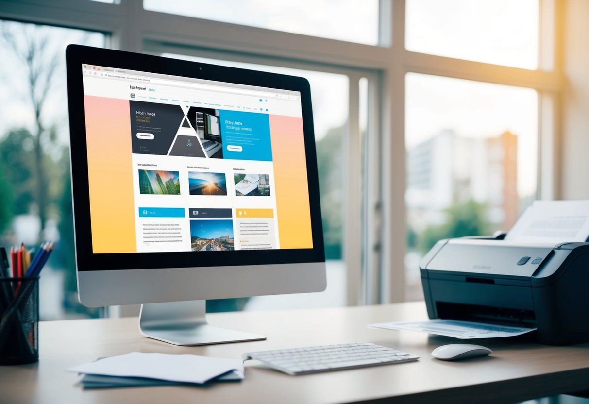 Uno schermo di computer che visualizza una pagina web, immagini, documenti e file PDF, con una stampante nelle vicinanze pronta a stampare