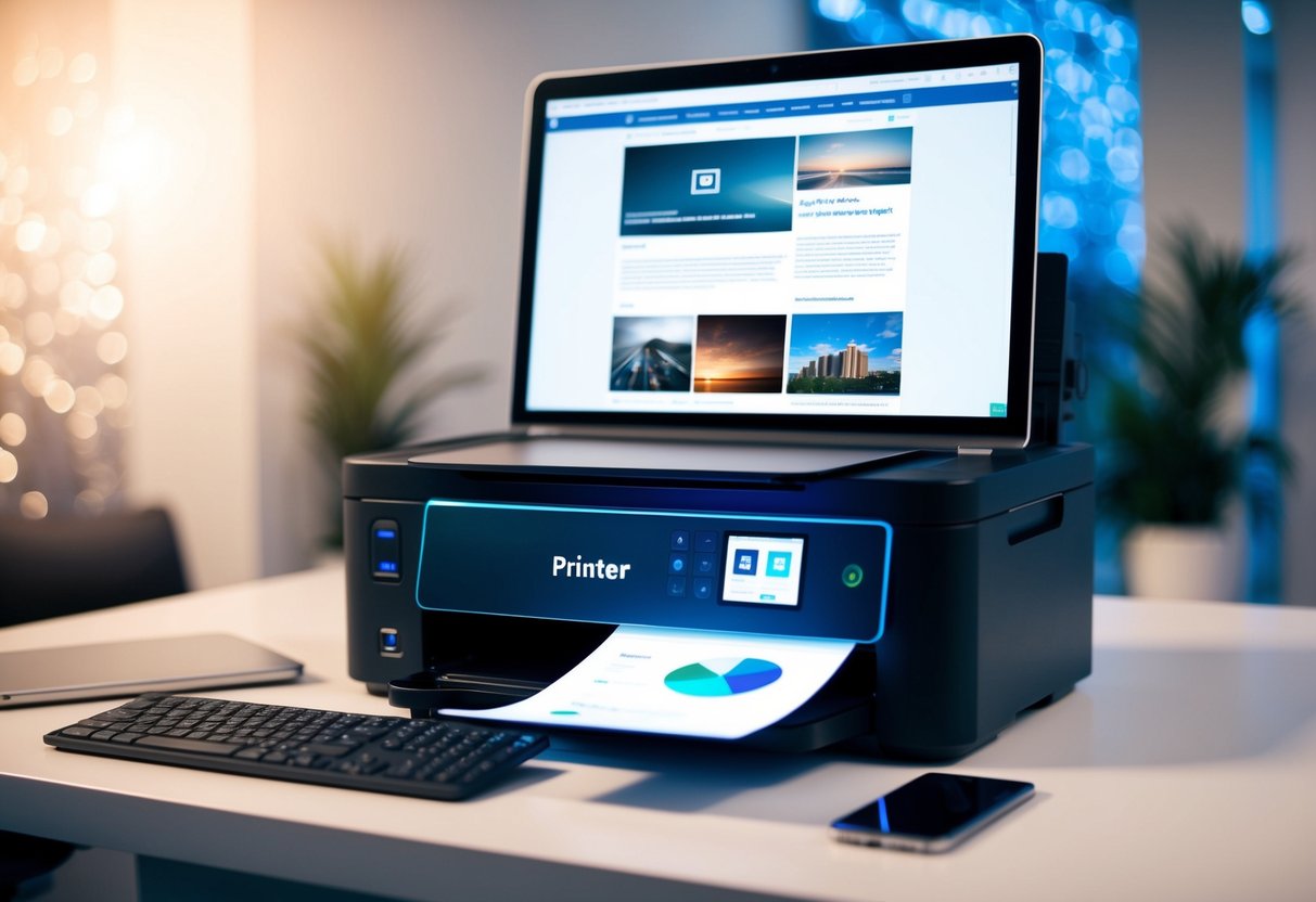 Una stampante con uno schermo del computer che mostra una pagina web, un'immagine, un documento e un PDF, tutti pronti per essere stampati