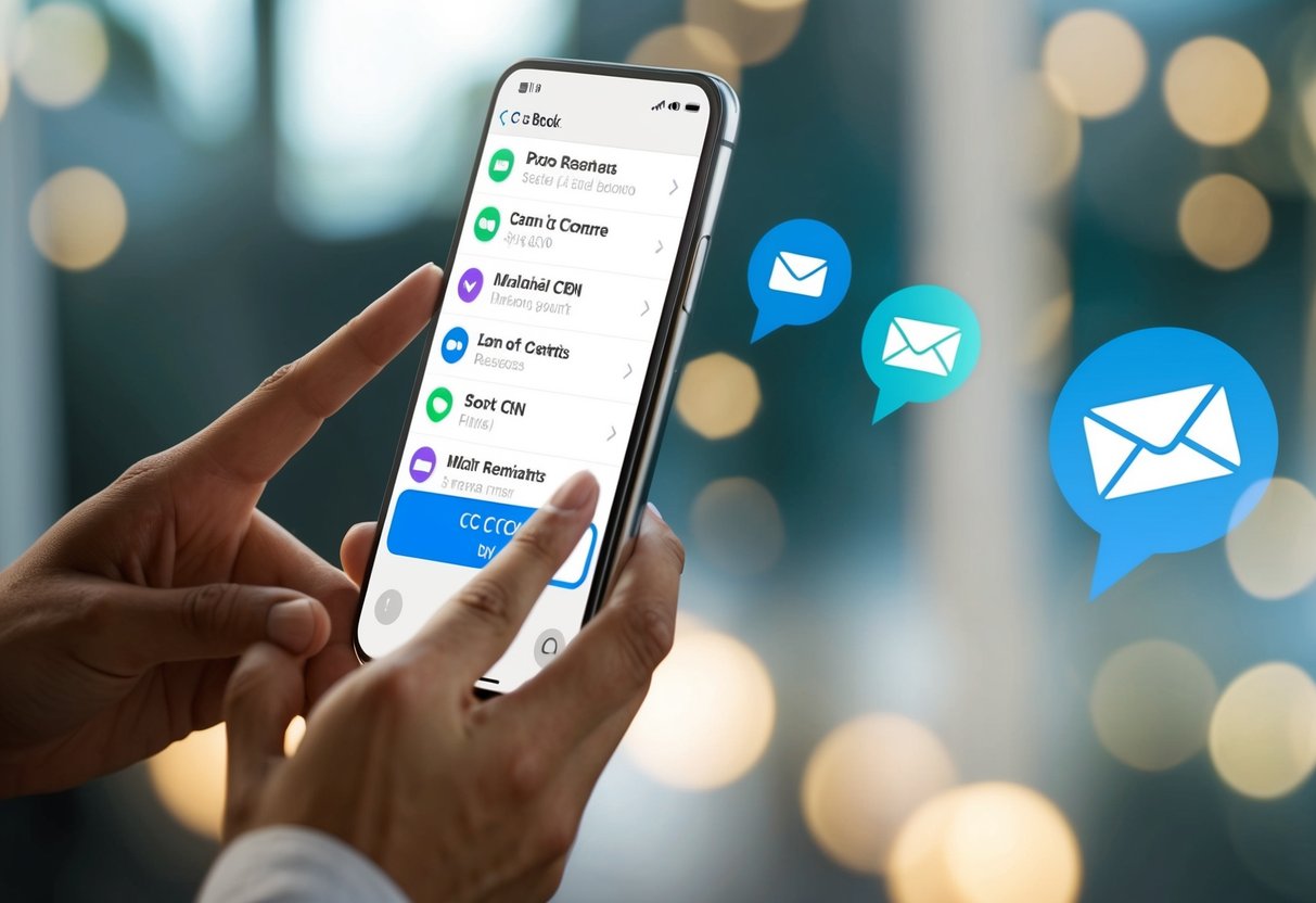 Una mano che si protende per toccare uno schermo che mostra un elenco di contatti con le opzioni per inviare messaggi ai destinatari in CC e CCN