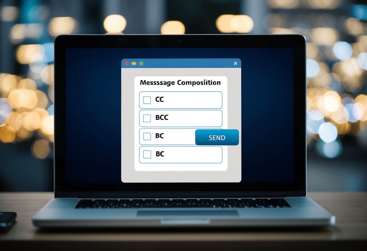 Uno schermo di computer che mostra una finestra di composizione del messaggio con campi per aggiungere contatti in CC e BCC, insieme a un pulsante di invio