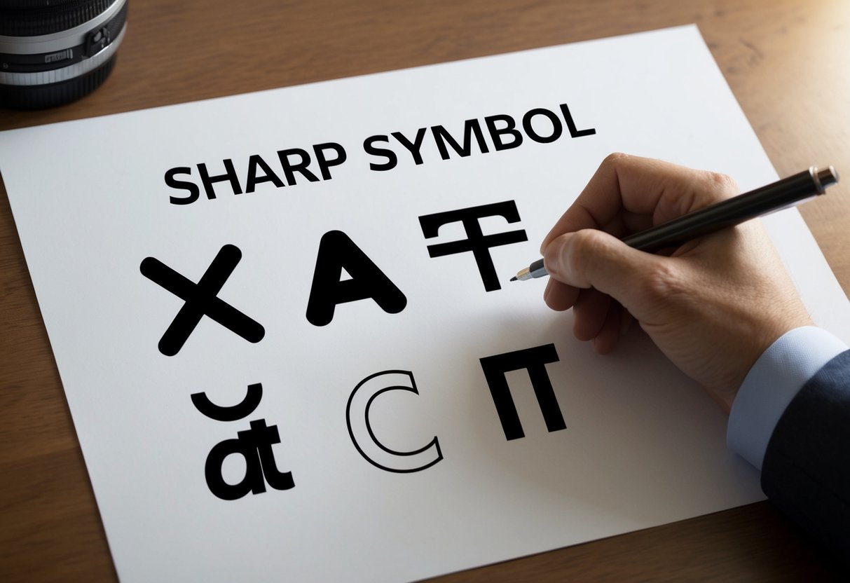 Una mano che disegna il simbolo cancelletto, il simbolo chiocciola, la tilde, il simbolo di copyright e le lettere maiuscole accentate su un foglio di carta bianco