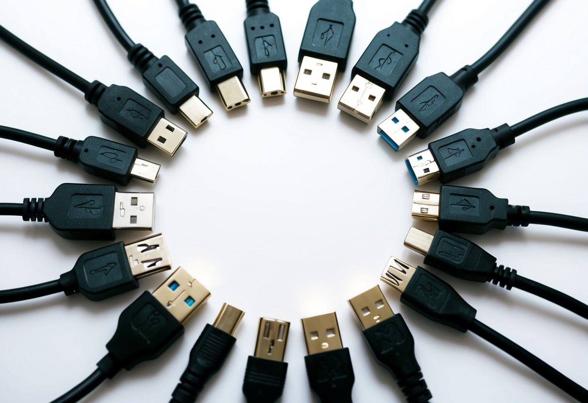 Vari tipi di porte e connettori USB disposti in un motivo circolare su uno sfondo bianco