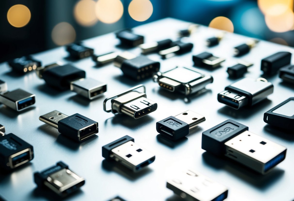 Una varietà di connettori e formati USB disposti in una griglia su una superficie piatta