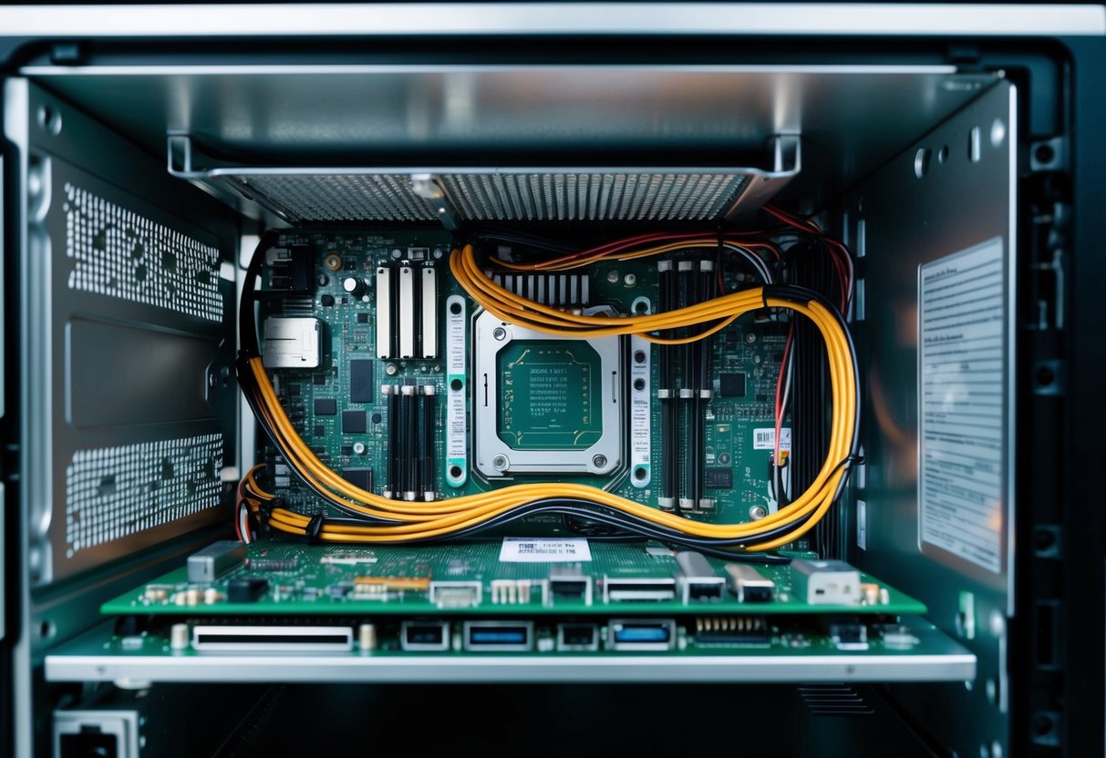 L'interno di un computer con schede circuitali, cavi e componenti interconnessi