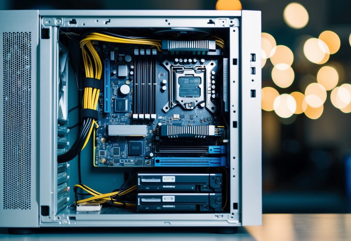 All'interno del computer, i principali componenti hardware sono disposti ordinatamente, inclusa la scheda madre, il processore, la RAM e altre parti essenziali.